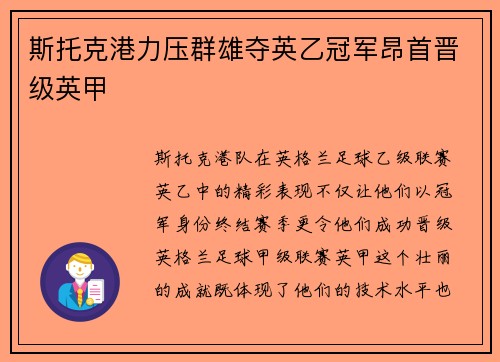 斯托克港力压群雄夺英乙冠军昂首晋级英甲